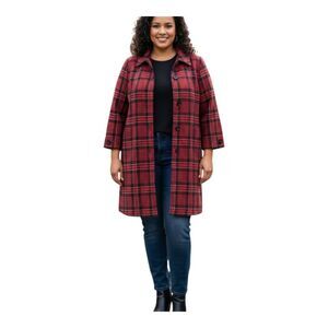 Lilli Ann Houndstooth Plaid Coat Wool Blend Red Black 1X Union Made Vintage 70s